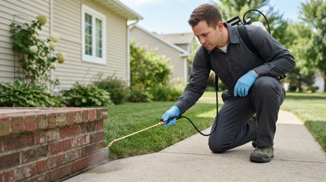 Pest control technician treating a home near Gaston, OR